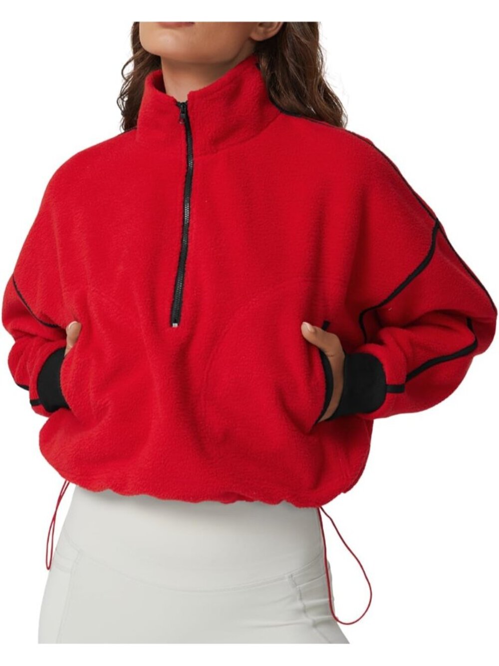Women's Red Fleece Half-Zip Cropped Teddy Drawstring Hem Cozy Sherpa Sweatshirt